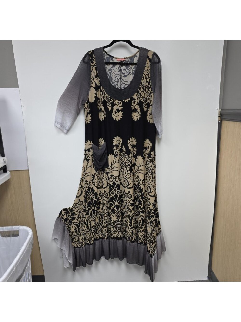 Simply Aster Dress Womens 4X Black Floral 3/4 Sleeve Maxi Asym Ruffle Hem